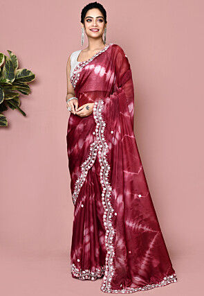 Hand Embroidered Organza Saree in Maroon