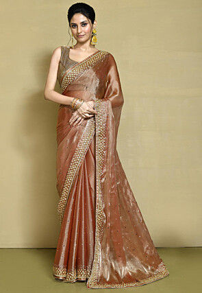 Hand Embroidered Organza Saree in Peach