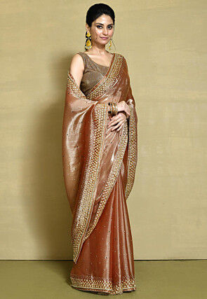 Hand Embroidered Organza Saree in Peach