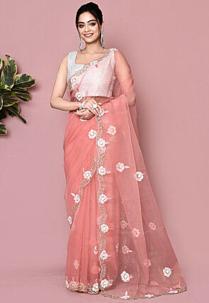 Hand Embroidered Organza Saree in Peach