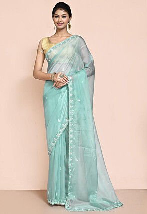 Hand Embroidered Organza Saree in Sea Green