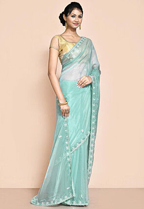 Hand Embroidered Organza Saree in Sea Green