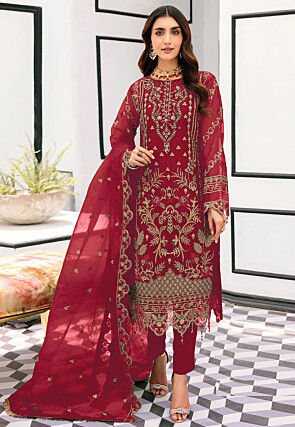 Hand Embroidered Organza Scalloped Pakistani Suit in Maroon