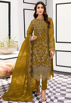 Hand Embroidered Organza Scalloped Pakistani Suit in Mustard