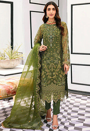 Hand Embroidered Organza Scalloped Pakistani Suit in Olive Green