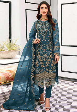 Hand Embroidered Organza Scalloped Pakistani Suit in Teal Blue