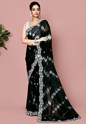 Hand Embroidered Organza Scalloped Saree in Black