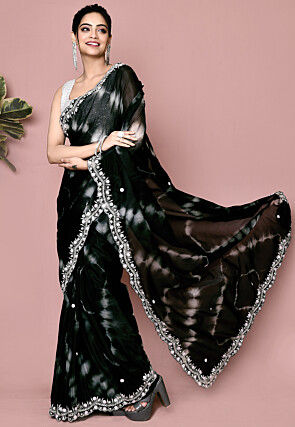 Hand Embroidered Organza Scalloped Saree in Black