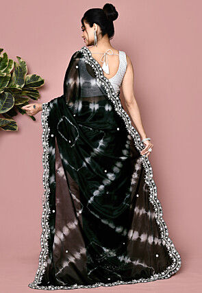 Hand Embroidered Organza Scalloped Saree in Black