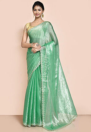 Hand Embroidered Organza Scalloped Saree in Green