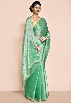 Hand Embroidered Organza Scalloped Saree in Green