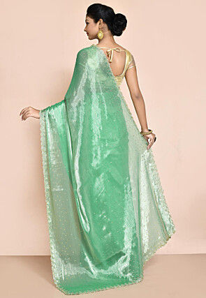 Hand Embroidered Organza Scalloped Saree in Green