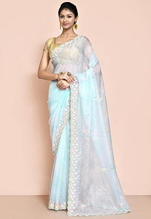 Hand Embroidered Organza Scalloped Saree in Light Blue