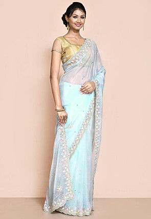 Hand Embroidered Organza Scalloped Saree in Light Blue