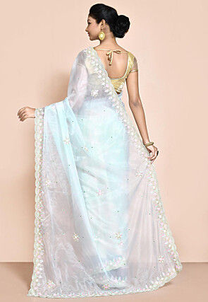 Hand Embroidered Organza Scalloped Saree in Light Blue