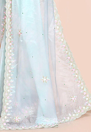 Hand Embroidered Organza Scalloped Saree in Light Blue
