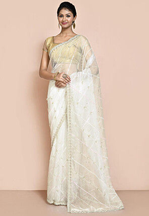 Hand Embroidered Organza Scalloped Saree in Off White