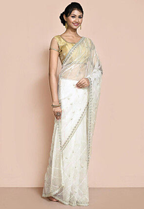 Hand Embroidered Organza Scalloped Saree in Off White