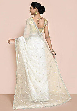 Hand Embroidered Organza Scalloped Saree in Off White