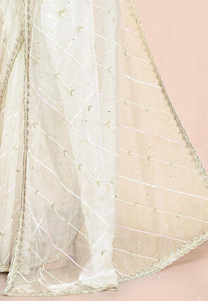 Hand Embroidered Organza Scalloped Saree in Off White