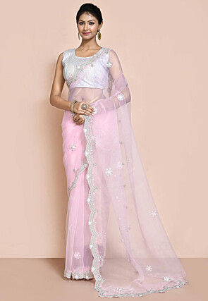 Hand Embroidered Organza Scalloped Saree in Pink
