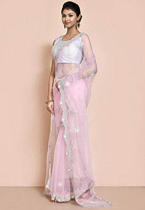 Hand Embroidered Organza Scalloped Saree in Pink