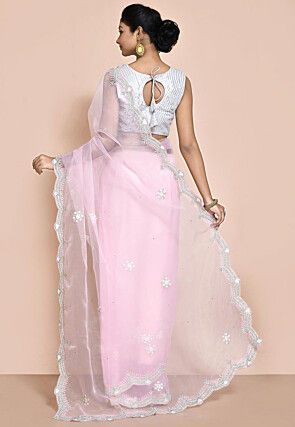 Hand Embroidered Organza Scalloped Saree in Pink