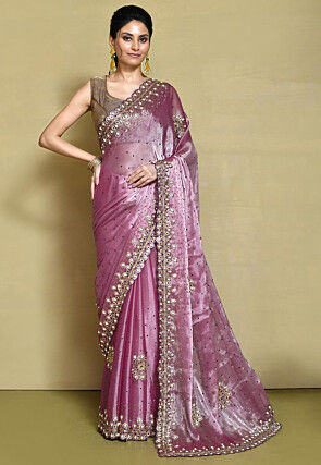 Hand Embroidered Organza Scalloped Saree in Purple