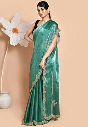 Hand Embroidered Organza Scalloped Saree in Teal Green