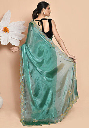Hand Embroidered Organza Scalloped Saree in Teal Green