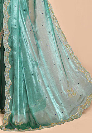 Hand Embroidered Organza Scalloped Saree in Teal Green