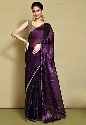Hand Embroidered Organza Scalloped Saree in Wine