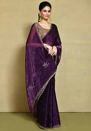 Hand Embroidered Organza Scalloped Saree in Wine