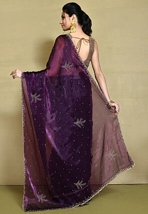 Hand Embroidered Organza Scalloped Saree in Wine