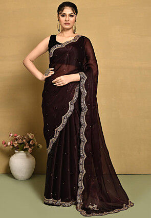 Hand Embroidered Organza Scalloped Saree in Wine