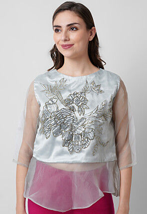 Hand Embroidered Organza Top in Grey