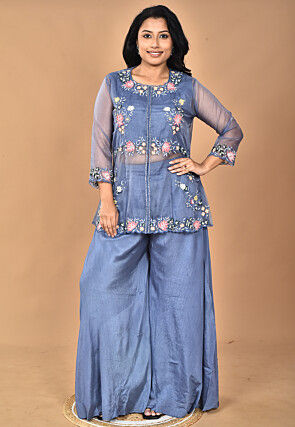 Hand Embroidered Organza Tunic Set in Blue