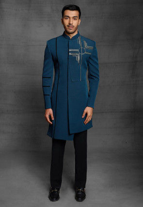 Hand Embroidered Polyester Asymmetric Sherwani in Teal Blue