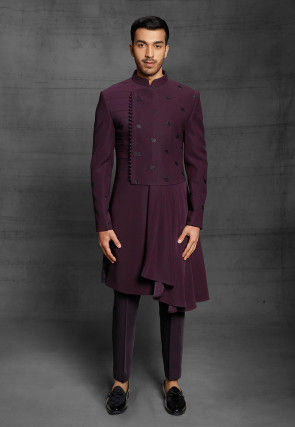 Hand Embroidered Polyester Asymmetric Sherwani in Wine