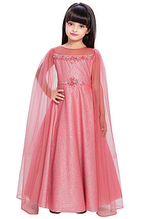 Hand Embroidered Polyester Gown in Pink