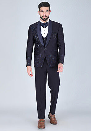 Hand Embroidered Polyester Jacquard Tuxedo in Navy Blue