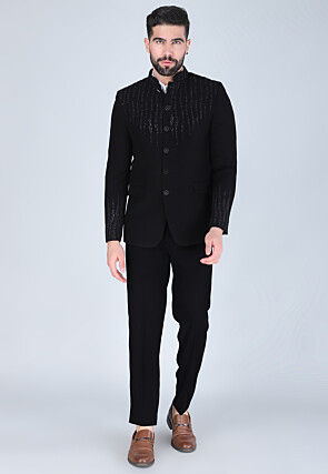 Hand Embroidered Polyester Jodhpuri Suit in Black