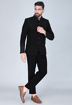 Hand Embroidered Polyester Jodhpuri Suit in Black