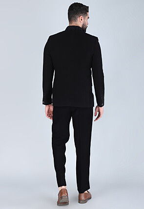 Hand Embroidered Polyester Jodhpuri Suit in Black