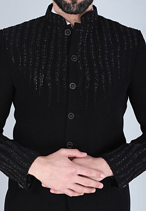 Hand Embroidered Polyester Jodhpuri Suit in Black