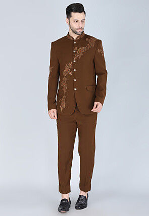 Hand Embroidered Polyester Jodhpuri Suit in Brown