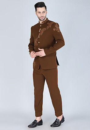 Hand Embroidered Polyester Jodhpuri Suit in Brown
