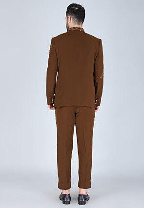 Hand Embroidered Polyester Jodhpuri Suit in Brown
