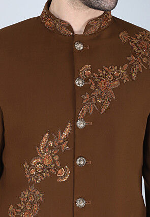 Hand Embroidered Polyester Jodhpuri Suit in Brown