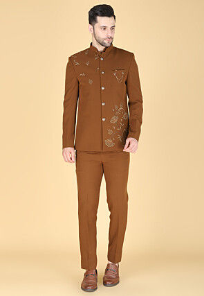 Hand Embroidered Polyester Jodhpuri Suit in Brown